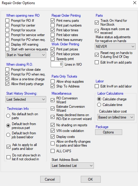 The Repair Order Options window.
