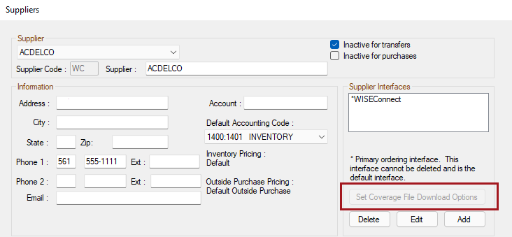 The Suppliers window with the Set Coverage button disabled for ACDelco.