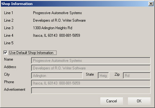 The Shop Information window with the default shop information checked.
