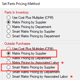 The Set Parts Pricing Method window with the by supplier options circled in the Outside Purchases section.