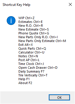 The Shortcut Key Help window in the main module