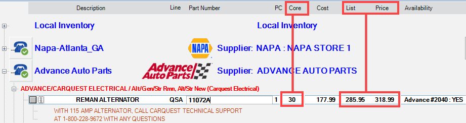 An integrated catalog search in Smart eCat with Core, List, and Price circled.