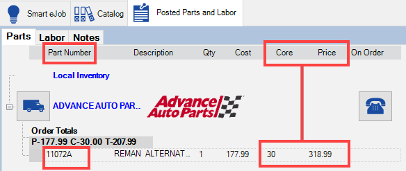 The Core and Price fields locked on the Parts tab.