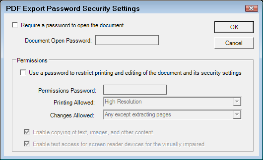 The PDF Export Password Security Settings window that opens from the Options menu.