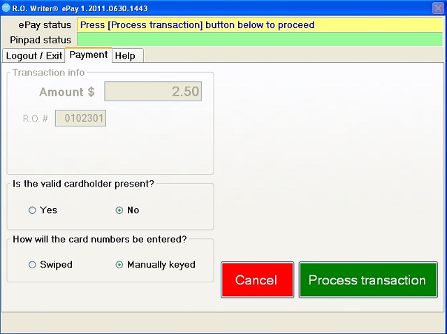 The Payment tab on the pin pad showing that the cardholder is not present and manual entry.