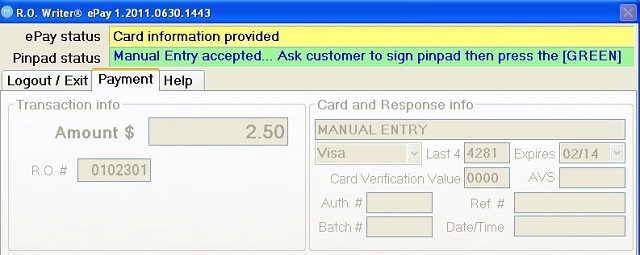 The pin pad screen showing that the manual entry was accepted.