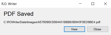 PDF Saved window showing default location and system ID name of the PDF.