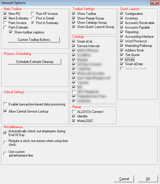 The General Options window.