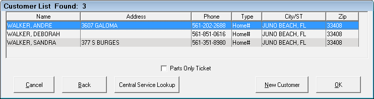The Customer List displaying a list of matching customers.