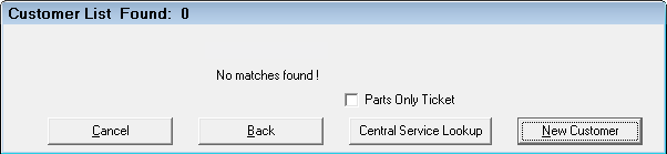 The Customer List window showing zero results found.