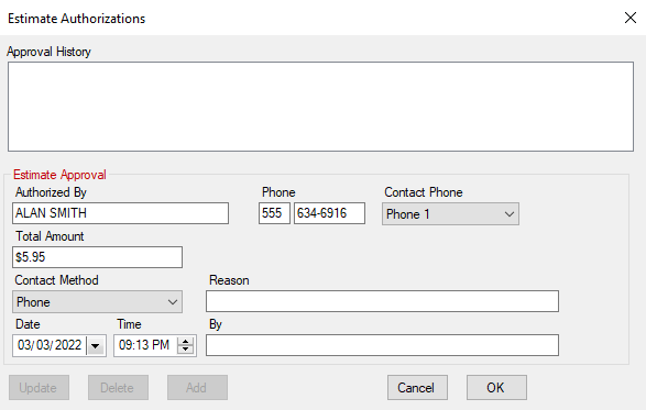 The Estimate Authorization window.