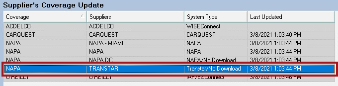 Supplier coverage update showing no download for Transtar. 