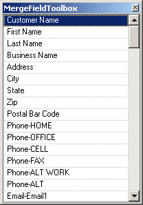The Merge Field Toolbox window.