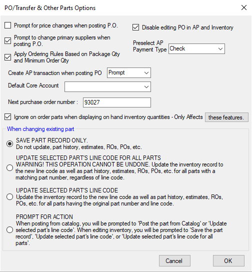 The PO Transfer and Other Parts Options window.