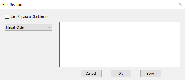 The Edit Disclaimer with Repair Order selected.