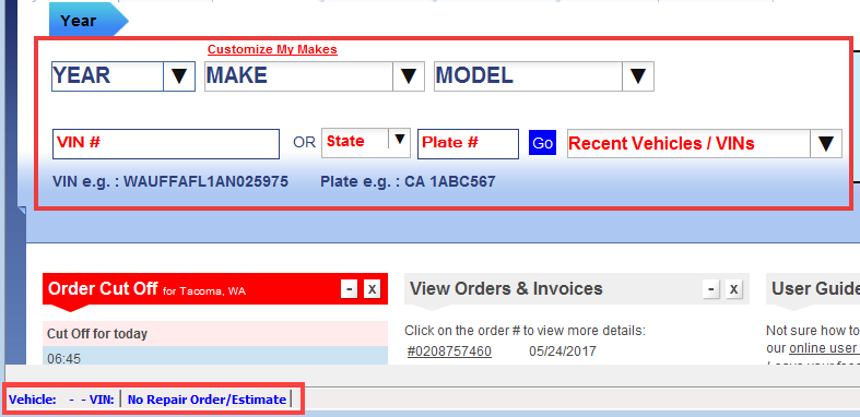 The IMC window with the vehicle selection area circled and no repair order estimate showing at the bottom of the smart ecat window.