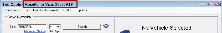 The search results for a tire size search.